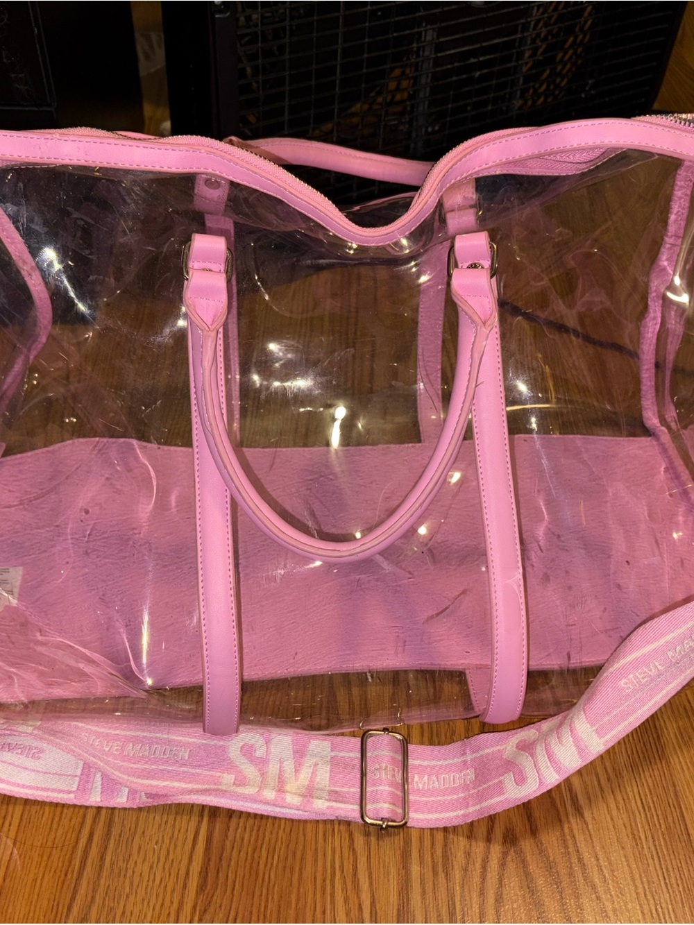 Steve Madden Clear Tote with Pink Trim and Logo Strap